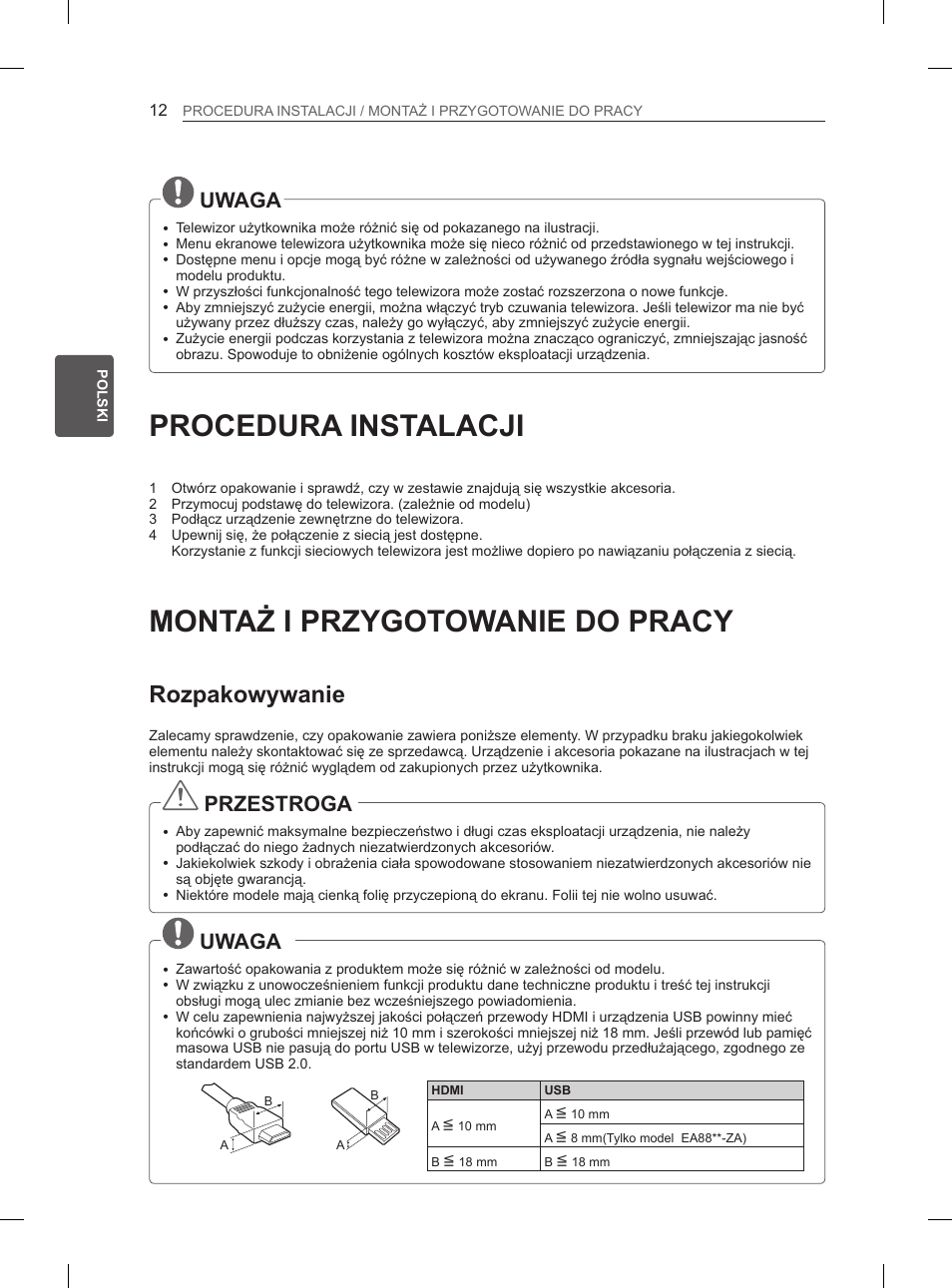 Procedura instalacji, Montaż i przygotowanie do pracy, Rozpakowywanie | Uwaga, Przestroga | LG 55EA980V User Manual | Page 128 / 544