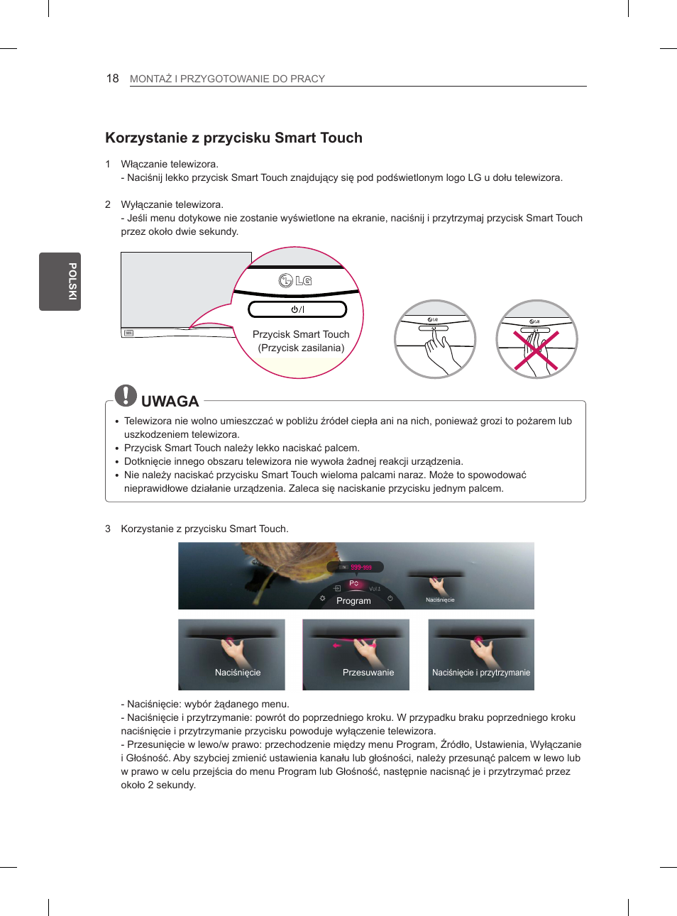 Uwaga, Korzystanie z przycisku smart touch | LG 55EA980V User Manual | Page 134 / 544
