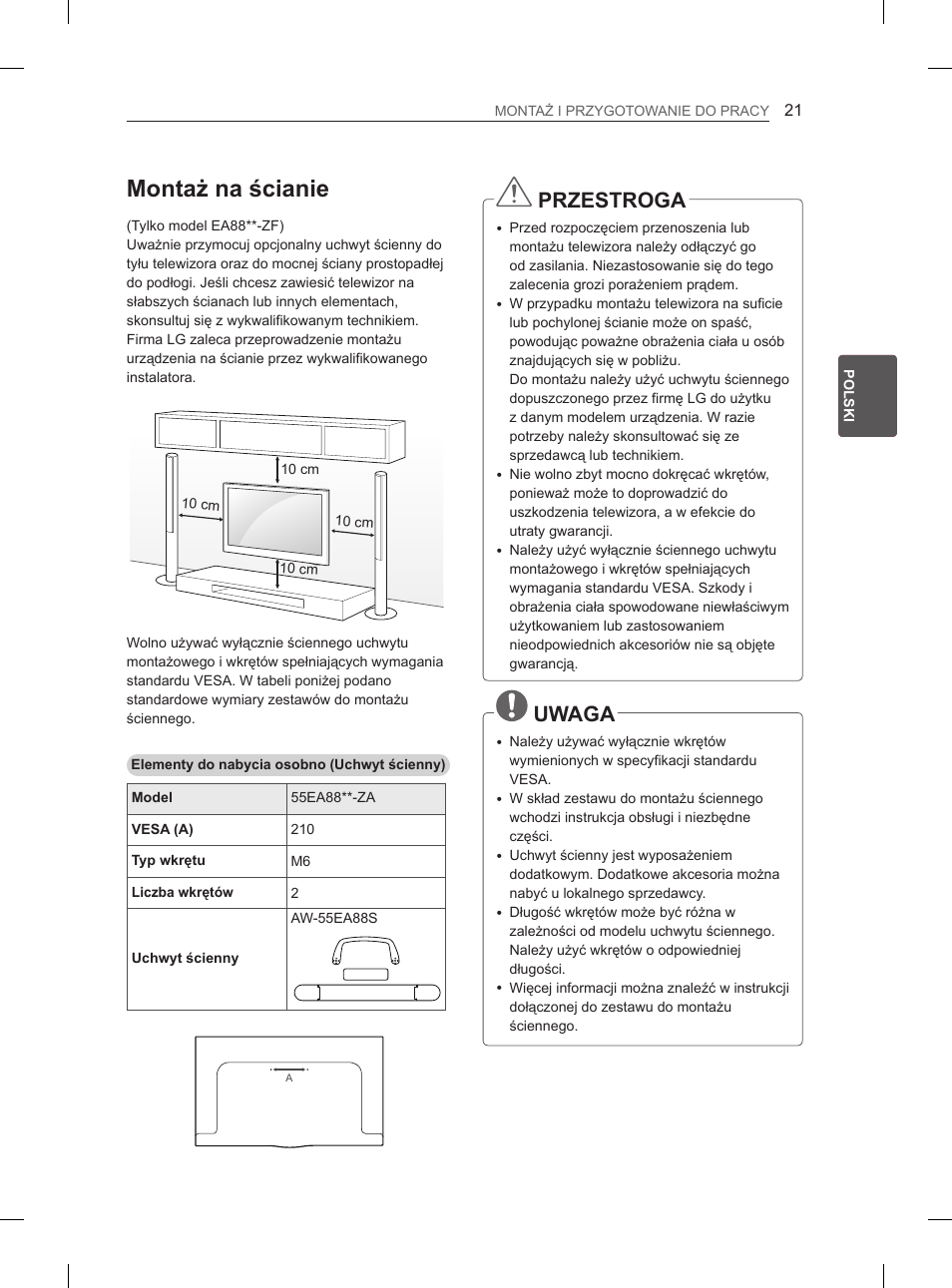 Montaż na ścianie, Przestroga, Uwaga | LG 55EA980V User Manual | Page 137 / 544
