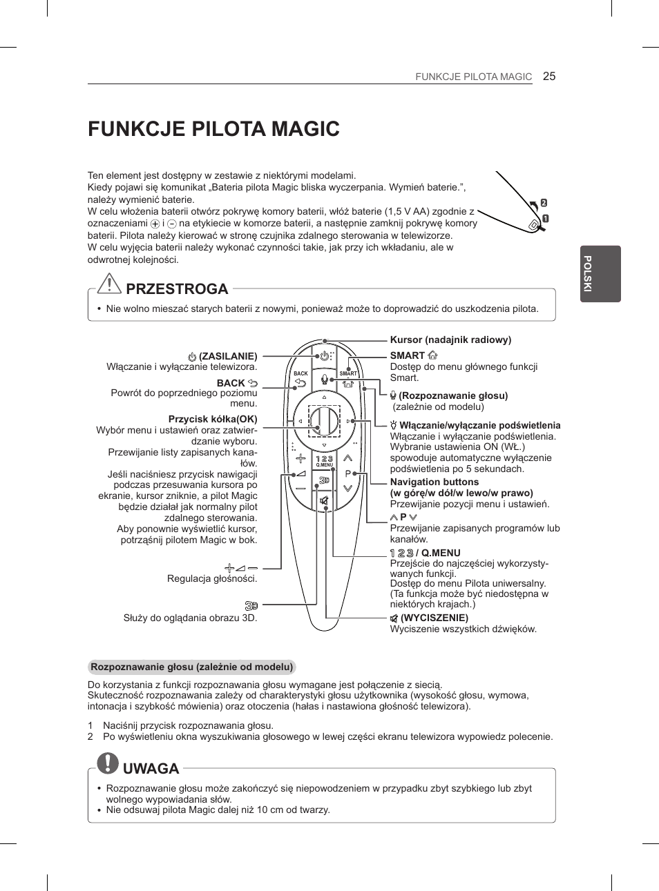 Funkcje pilota magic, Przestroga, Uwaga | LG 55EA980V User Manual | Page 141 / 544