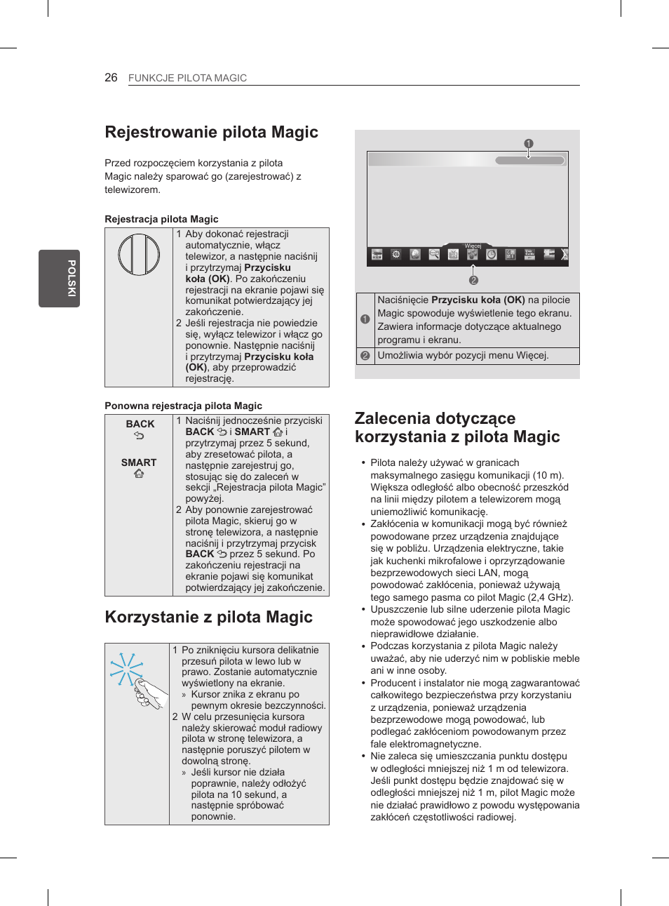 Rejestrowanie pilota magic, Korzystanie z pilota magic, Zalecenia dotyczące korzystania z pilota magic | LG 55EA980V User Manual | Page 142 / 544