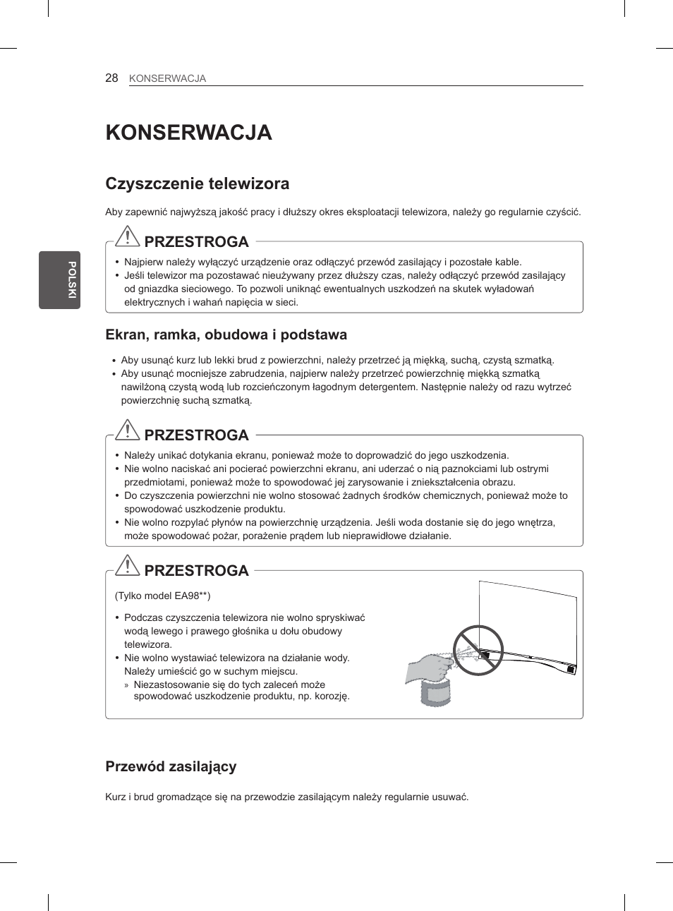 Konserwacja, Czyszczenie telewizora, Przestroga | Ekran, ramka, obudowa i podstawa, Przewód zasilający | LG 55EA980V User Manual | Page 144 / 544