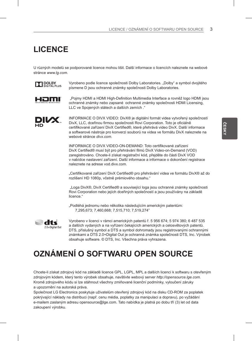 Licence, Oznámení o softwaru open source | LG 55EA980V User Manual | Page 149 / 544