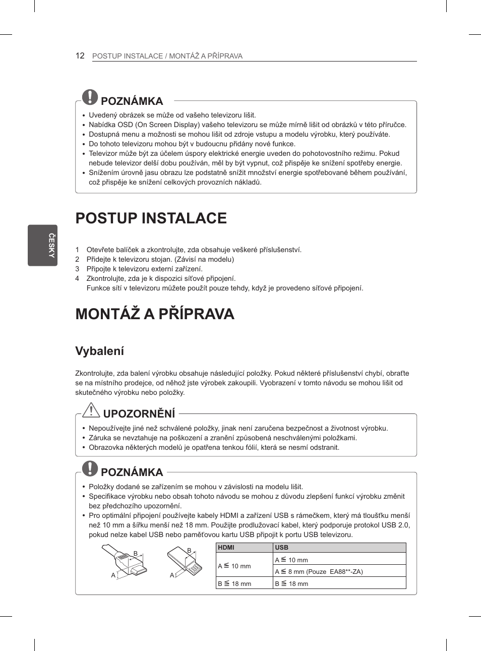 Postup instalace, Montáž a příprava, Vybalení | Poznámka, Upozornění | LG 55EA980V User Manual | Page 158 / 544