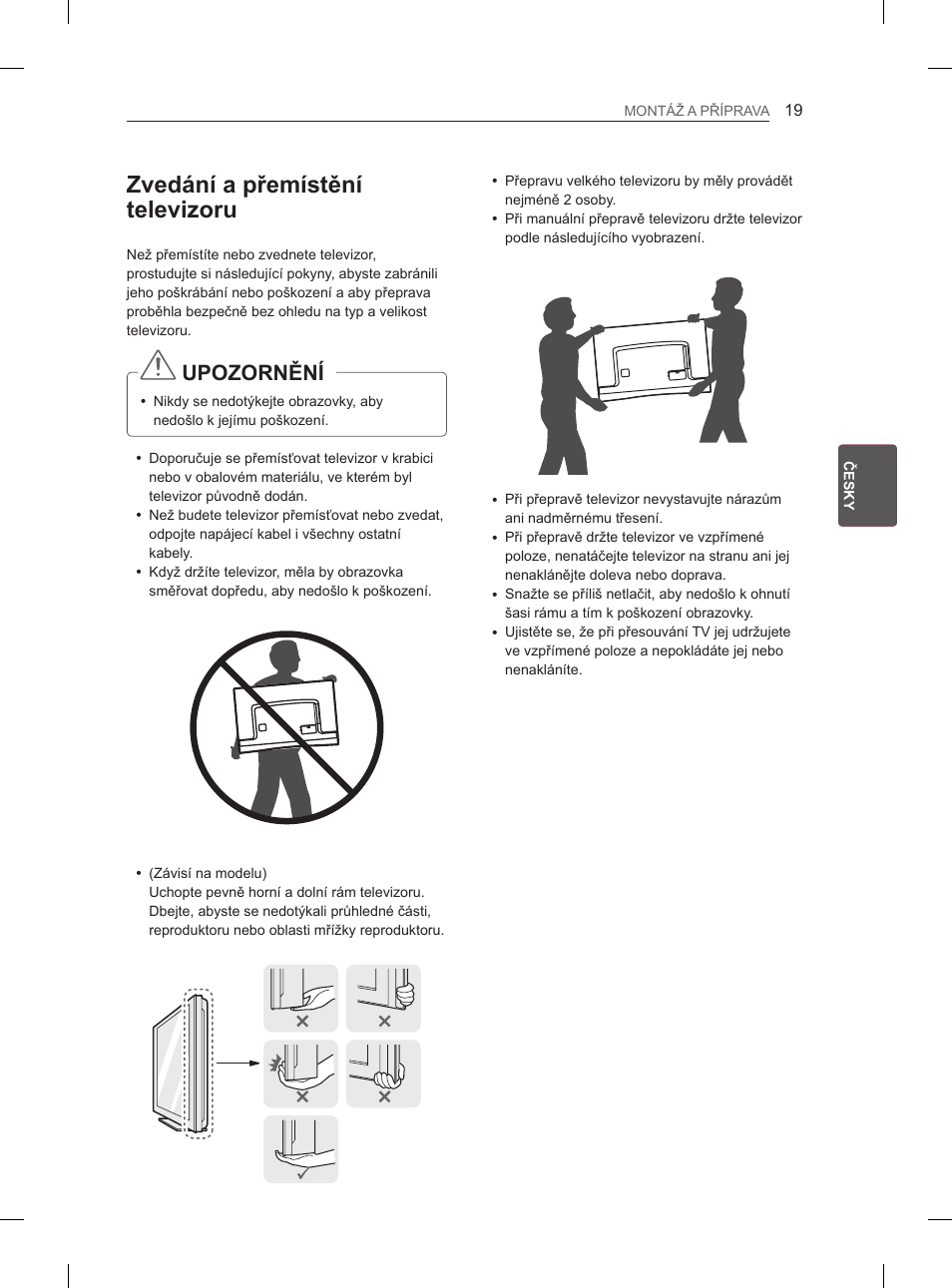 Zvedání a přemístění televizoru, Upozornění | LG 55EA980V User Manual | Page 165 / 544