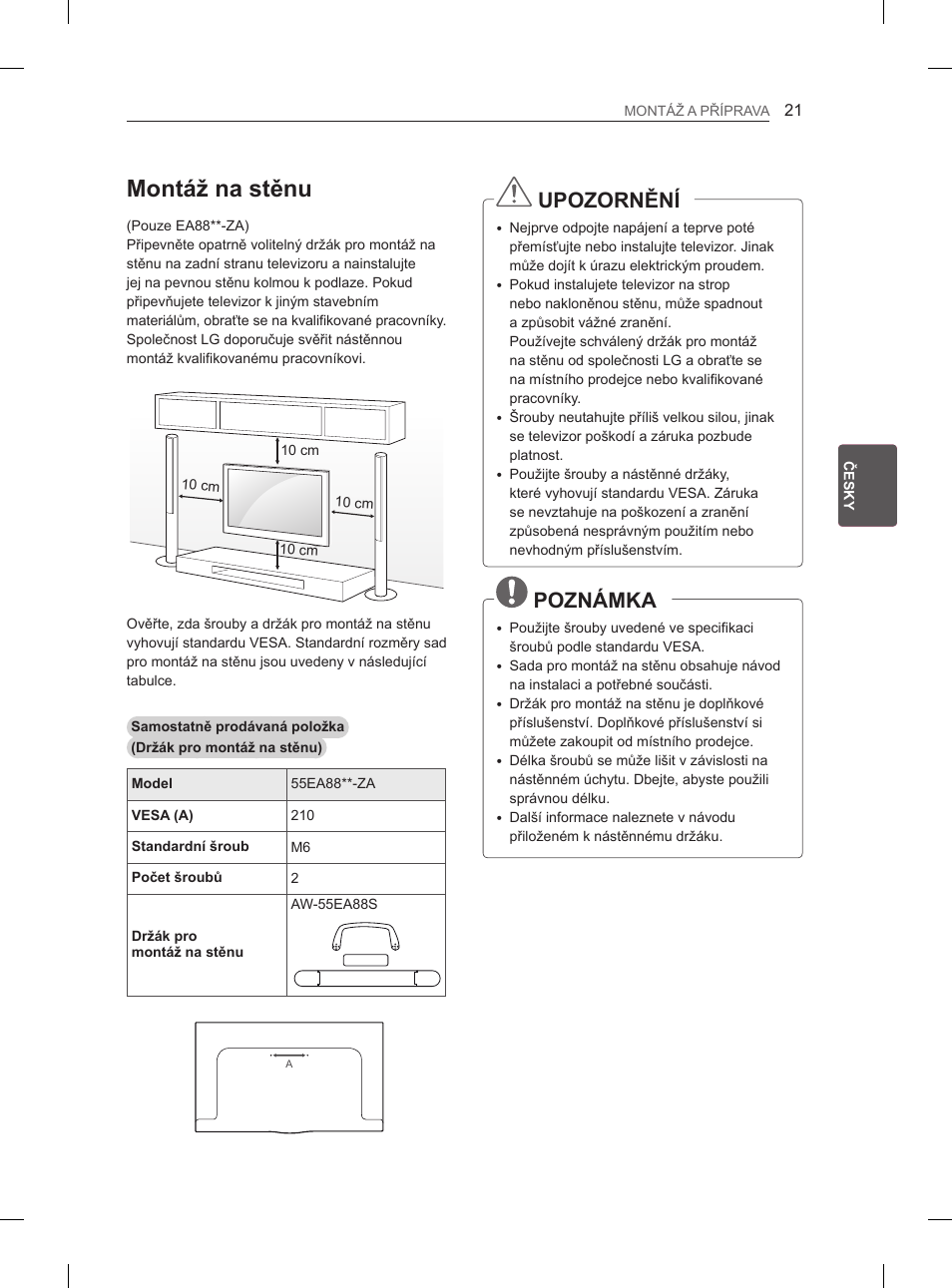 Montáž na stěnu, Upozornění, Poznámka | LG 55EA980V User Manual | Page 167 / 544