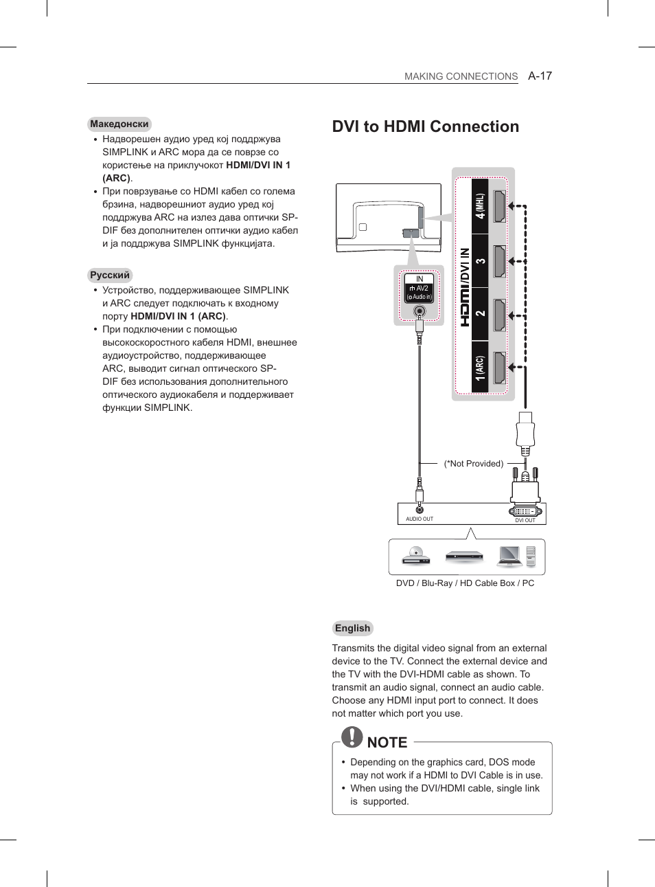 Dvi to hdmi connection | LG 55EA980V User Manual | Page 17 / 544
