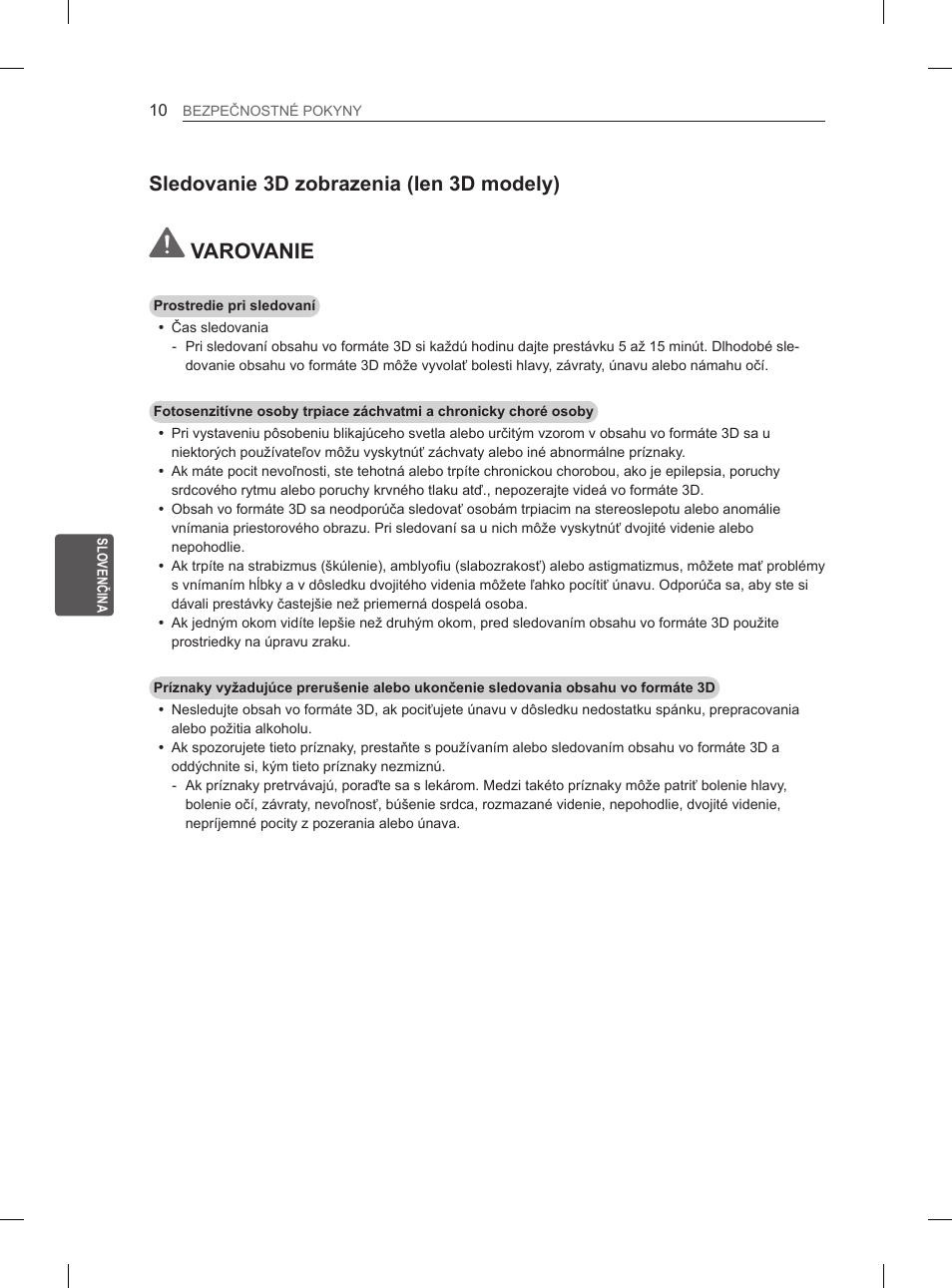 Varovanie, Sledovanie 3d zobrazenia (len 3d modely) | LG 55EA980V User Manual | Page 186 / 544