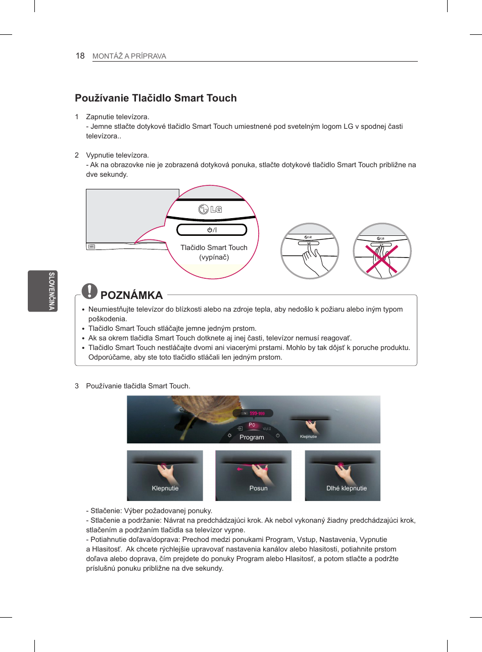 Poznámka, Používanie tlačidlo smart touch | LG 55EA980V User Manual | Page 194 / 544