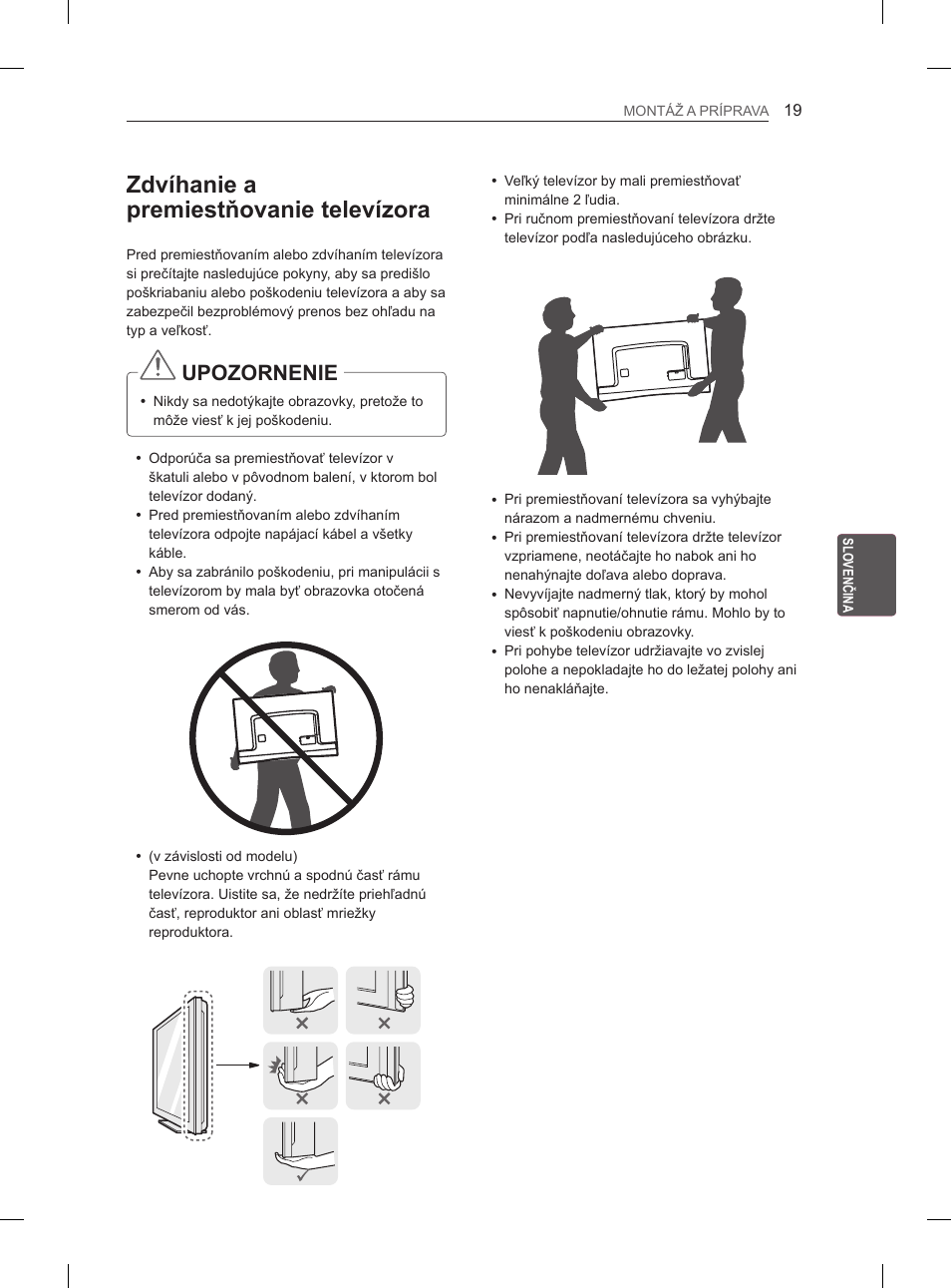 Zdvíhanie a premiestňovanie televízora, Upozornenie | LG 55EA980V User Manual | Page 195 / 544
