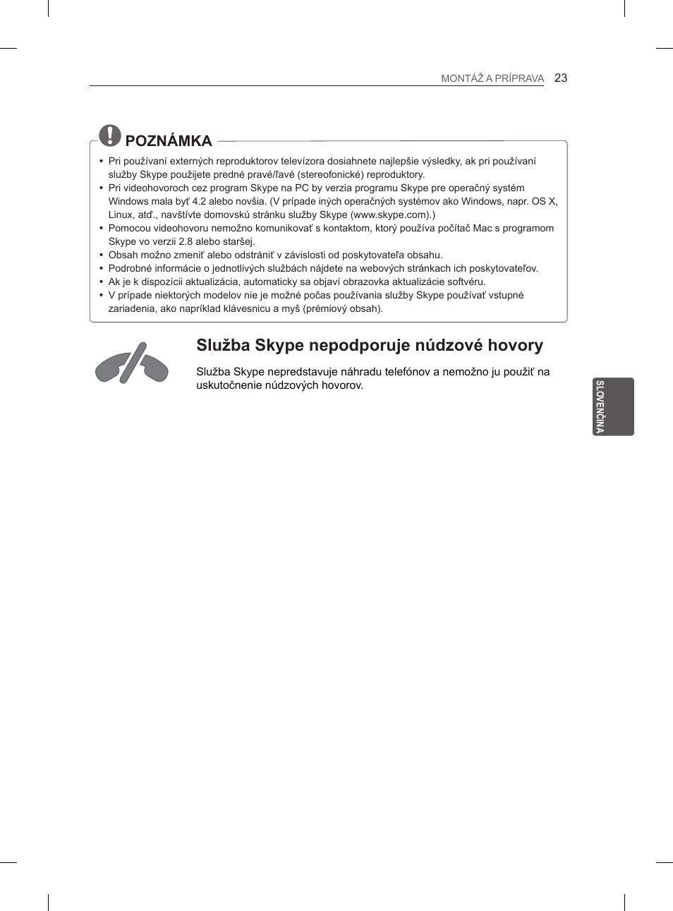 Služba skype nepodporuje núdzové hovory, Poznámka, Prehľad | LG 55EA980V User Manual | Page 199 / 544