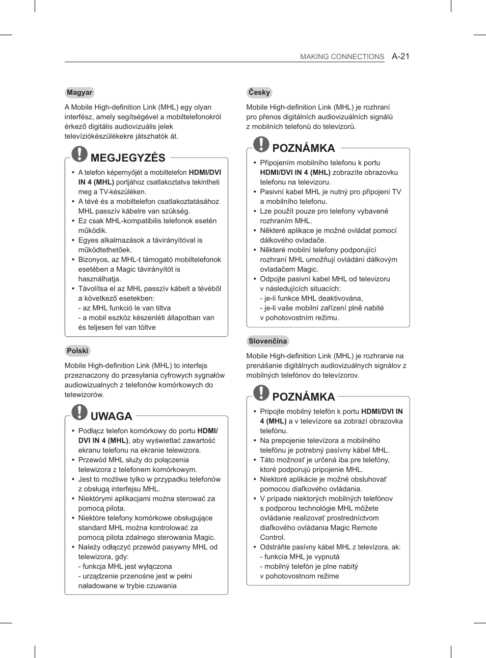 Megjegyzés, Uwaga, Poznámka | LG 55EA980V User Manual | Page 21 / 544