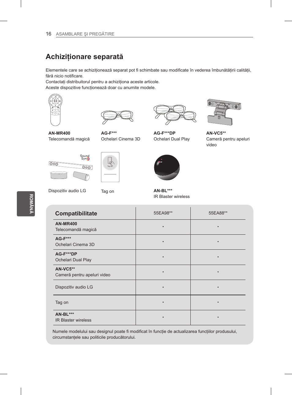 Achiziţionare separată, Compatibilitate | LG 55EA980V User Manual | Page 222 / 544