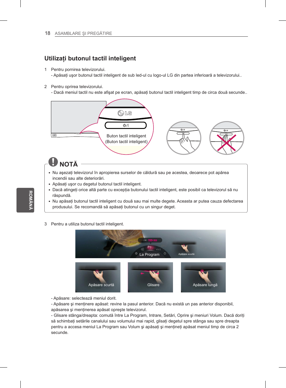 Notă, Utilizaţi butonul tactil inteligent | LG 55EA980V User Manual | Page 224 / 544