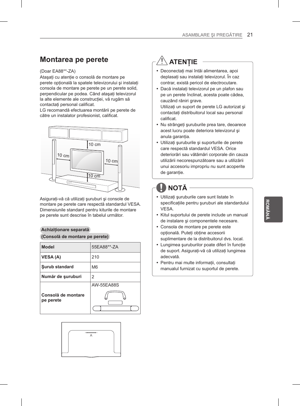 Montarea pe perete, Atenţie, Notă | LG 55EA980V User Manual | Page 227 / 544