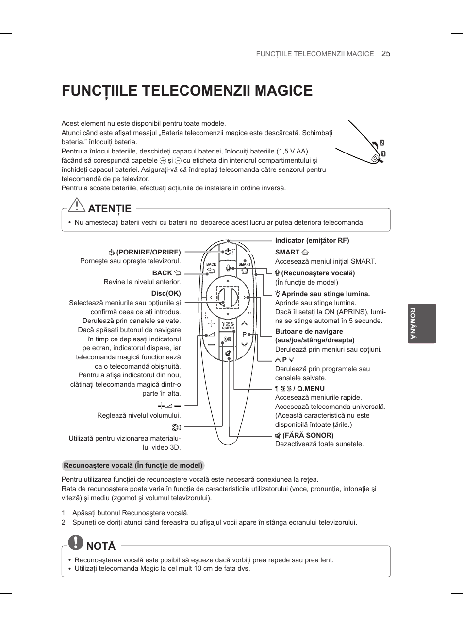 Funcţiile telecomenzii magice, Atenţie, Notă | LG 55EA980V User Manual | Page 231 / 544