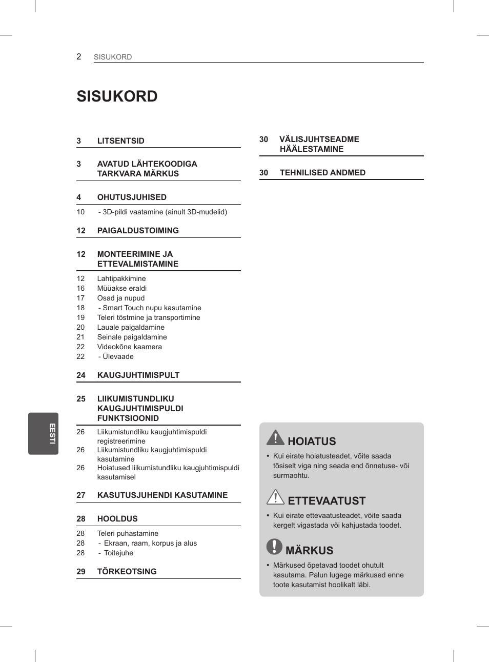 Sisukord, Hoiatus, Ettevaatust | Märkus | LG 55EA980V User Manual | Page 268 / 544