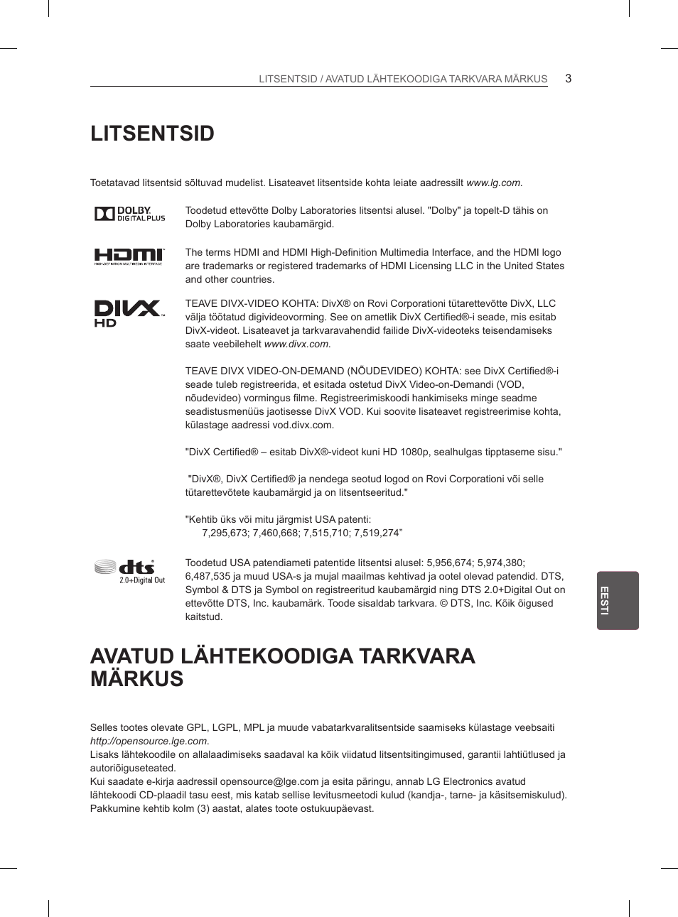 Litsentsid, Avatud lähtekoodiga tarkvara märkus | LG 55EA980V User Manual | Page 269 / 544