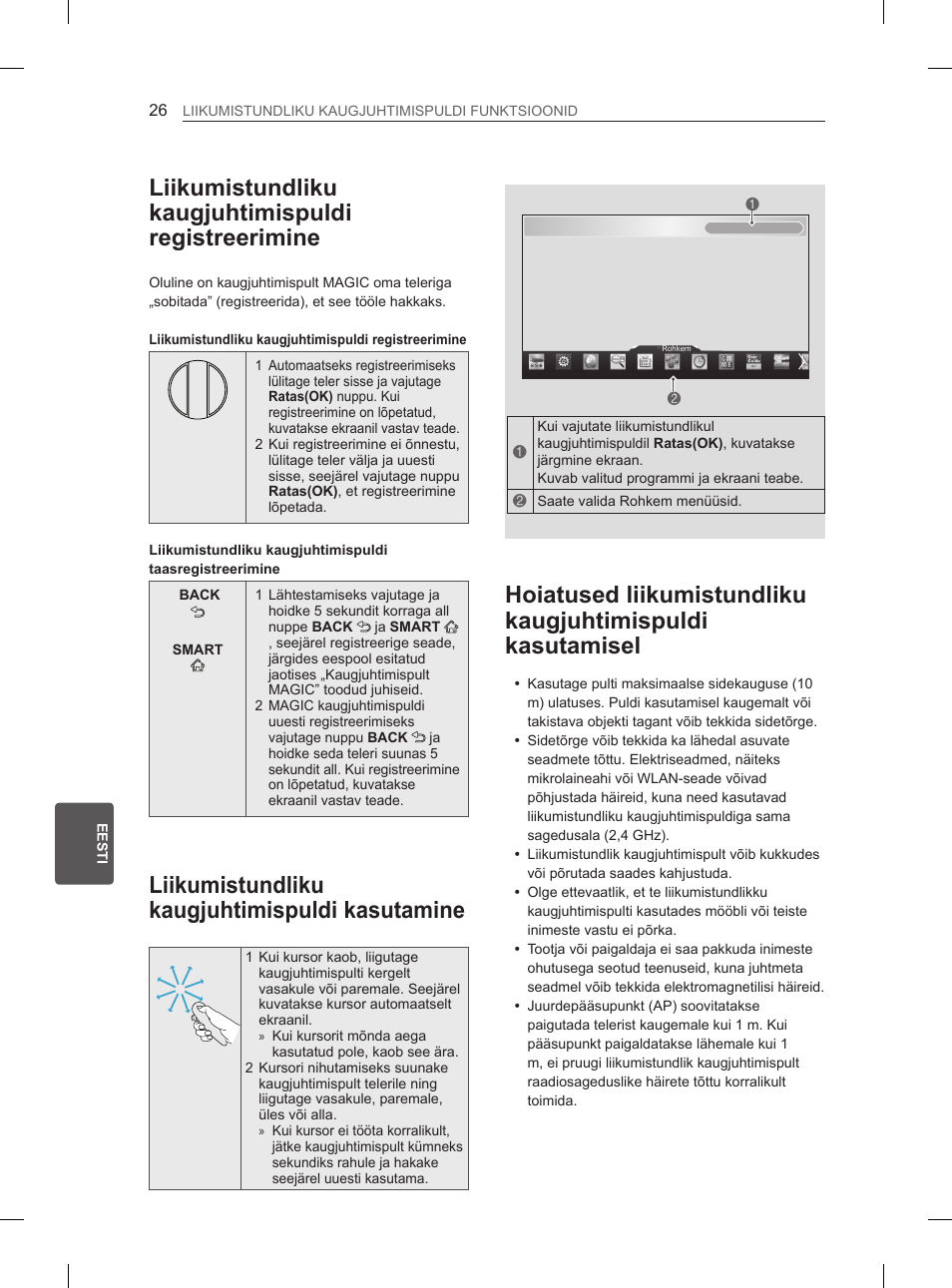 Liikumistundliku kaugjuhtimispuldi registreerimine, Liikumistundliku kaugjuhtimispuldi kasutamine | LG 55EA980V User Manual | Page 292 / 544