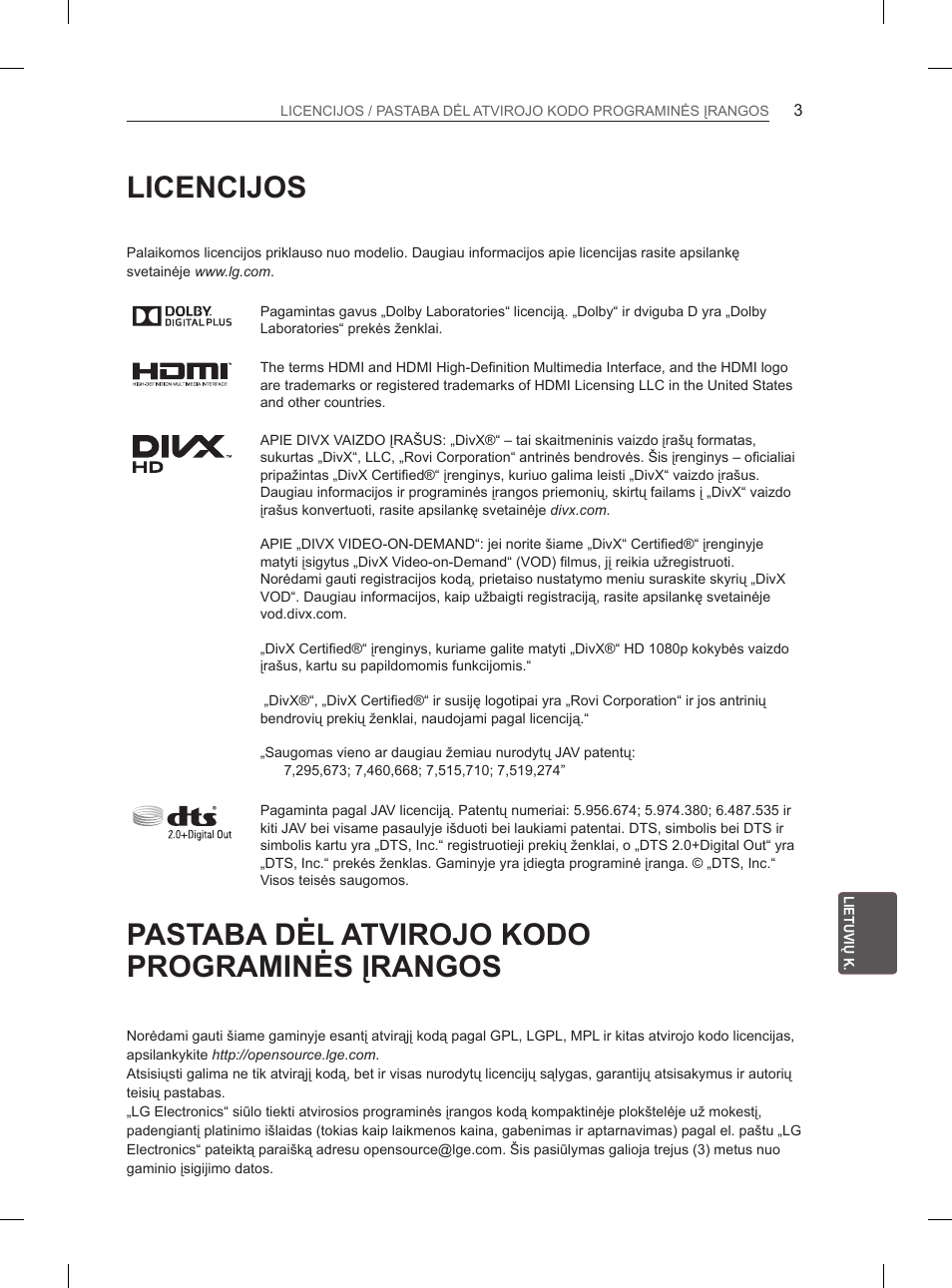 Licencijos, Pastaba dėl atvirojo kodo programinės įrangos | LG 55EA980V User Manual | Page 299 / 544