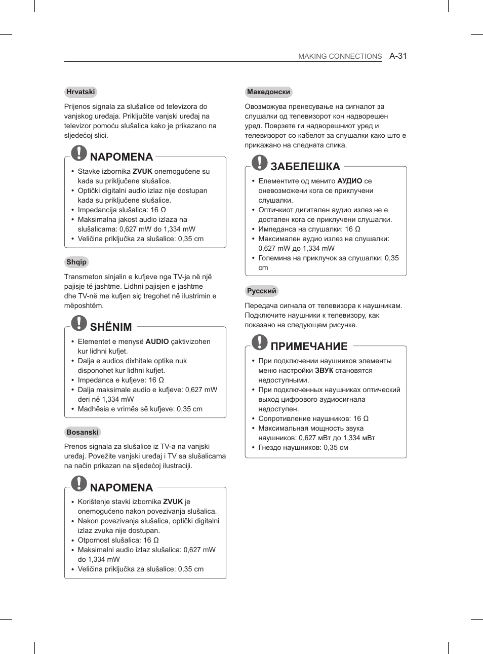 Napomena, Shënim, Забелешка | Примечание | LG 55EA980V User Manual | Page 31 / 544