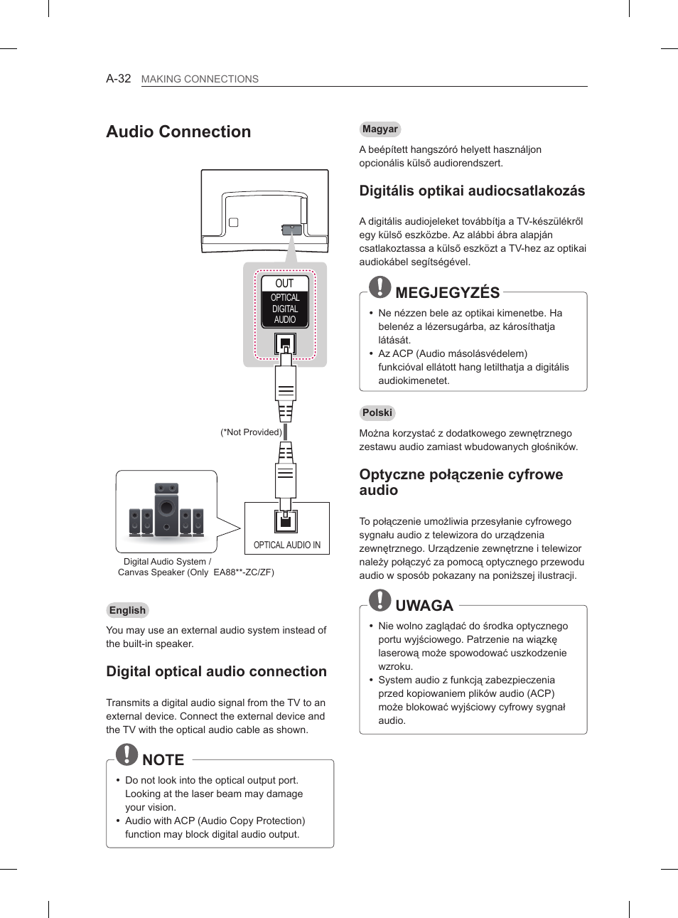 Audio connection, Megjegyzés, Uwaga | Digital optical audio connection, Digitális optikai audiocsatlakozás, Optyczne połączenie cyfrowe audio | LG 55EA980V User Manual | Page 32 / 544