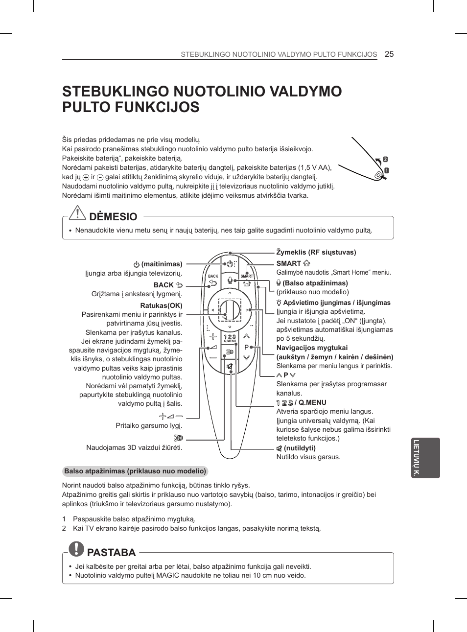 Stebuklingo nuotolinio valdymo pulto funkcijos, Dėmesio, Pastaba | LG 55EA980V User Manual | Page 321 / 544