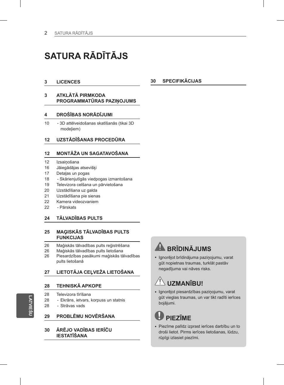Satura rādītājs, Brīdinājums, Uzmanību | Piezīme | LG 55EA980V User Manual | Page 328 / 544
