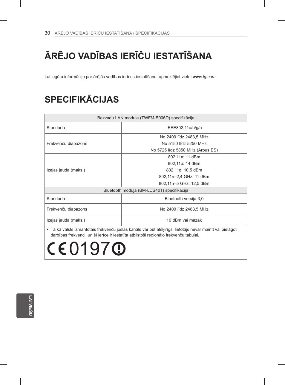 Ārējo vadības ierīču iestatīšana, Specifikācijas | LG 55EA980V User Manual | Page 356 / 544