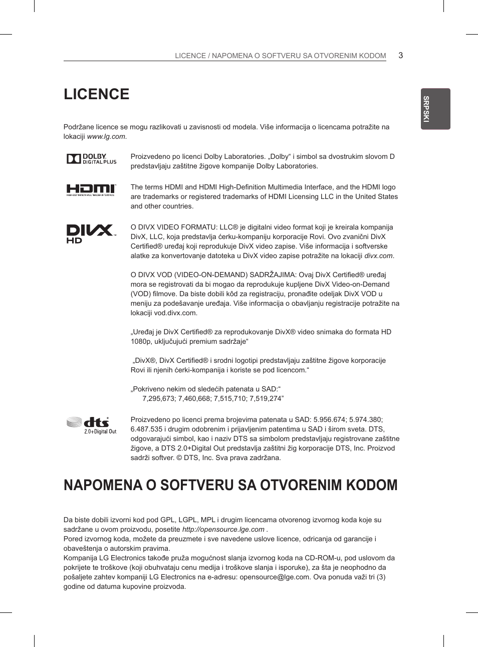 Licence, Napomena o softveru sa otvorenim kodom | LG 55EA980V User Manual | Page 359 / 544