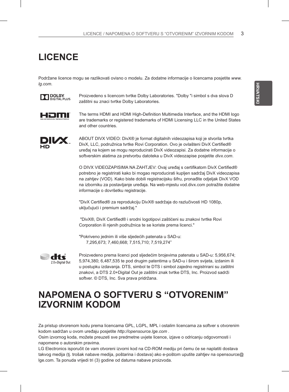 Licence, Napomena o softveru s “otvorenim” izvornim kodom | LG 55EA980V User Manual | Page 389 / 544