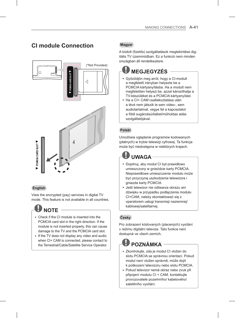 Ci module connection, Megjegyzés, Uwaga | Poznámka | LG 55EA980V User Manual | Page 41 / 544