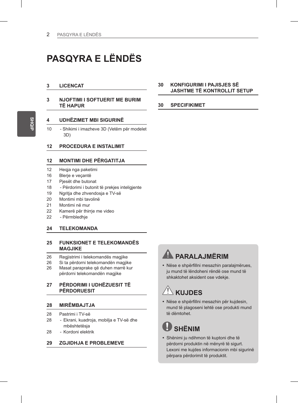 Pasqyra e lëndës, Paralajmërim, Kujdes | Shënim | LG 55EA980V User Manual | Page 418 / 544