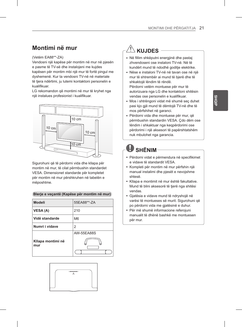 Montimi në mur, Kujdes, Shënim | LG 55EA980V User Manual | Page 437 / 544