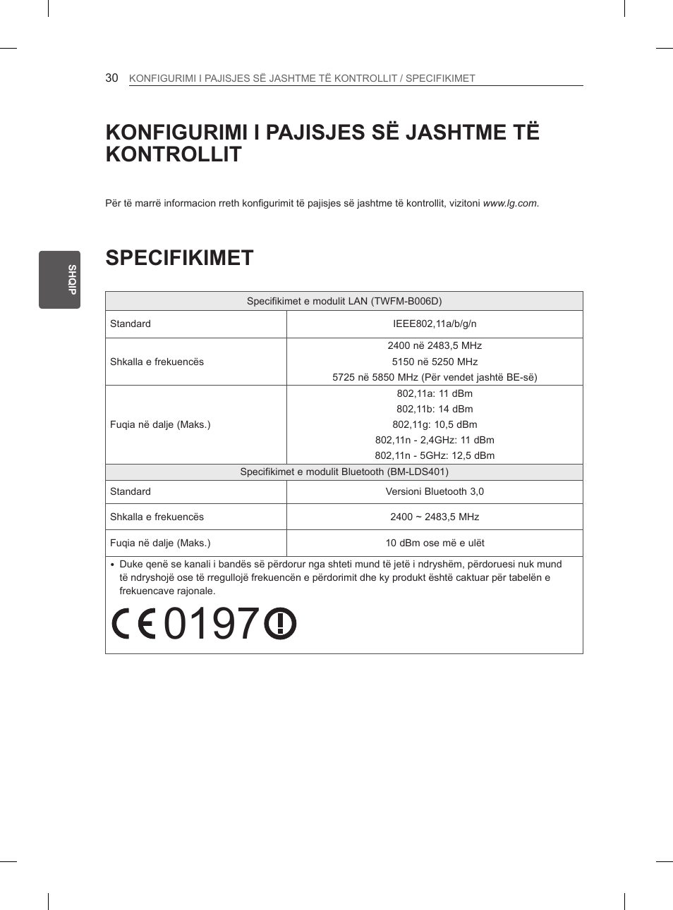 Konfigurimi i pajisjes së jashtme të kontrollit, Specifikimet | LG 55EA980V User Manual | Page 446 / 544