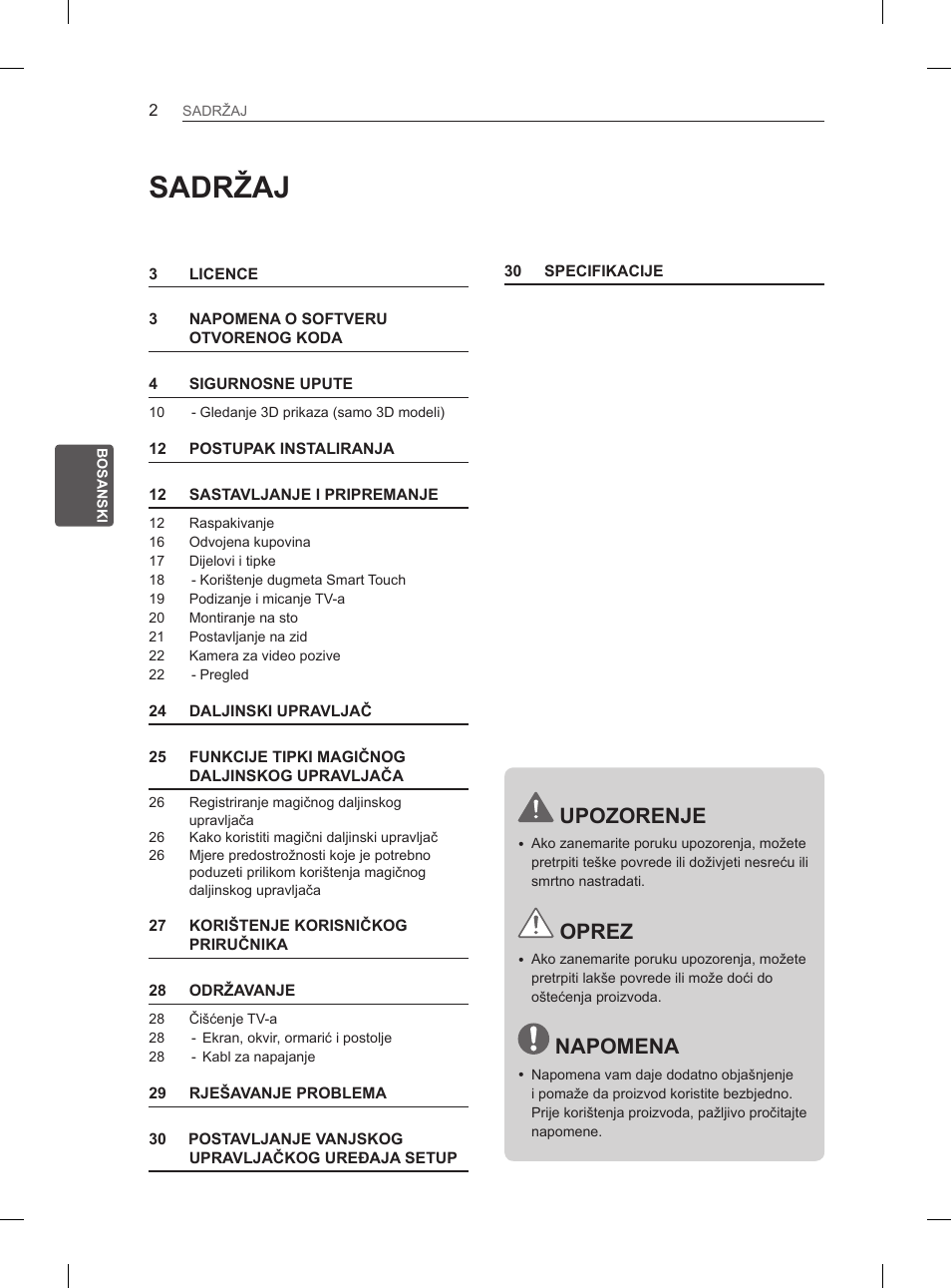 Sadržaj, Upozorenje, Oprez | Napomena | LG 55EA980V User Manual | Page 448 / 544