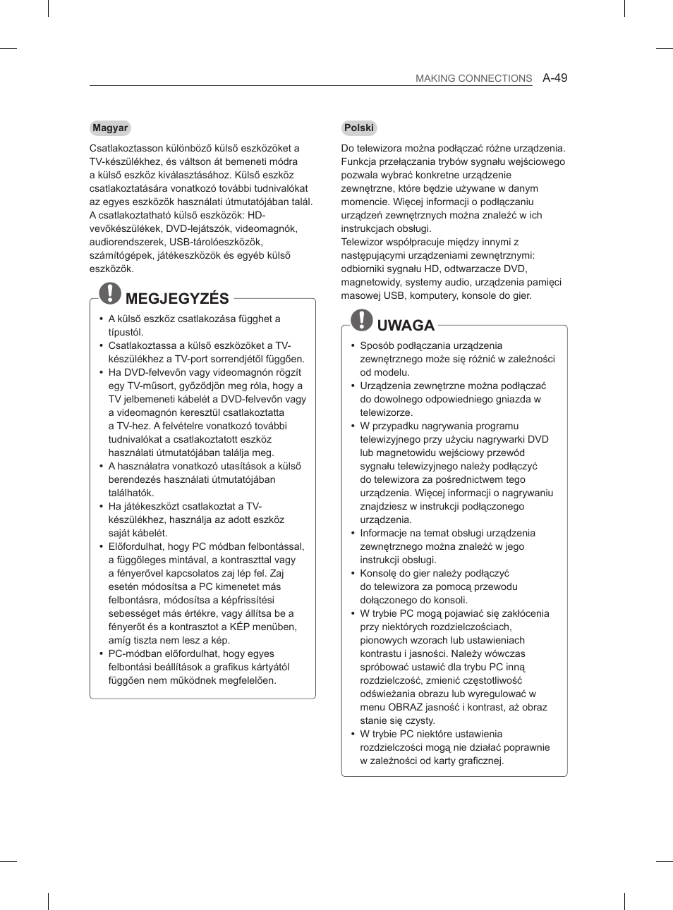 Megjegyzés, Uwaga | LG 55EA980V User Manual | Page 49 / 544