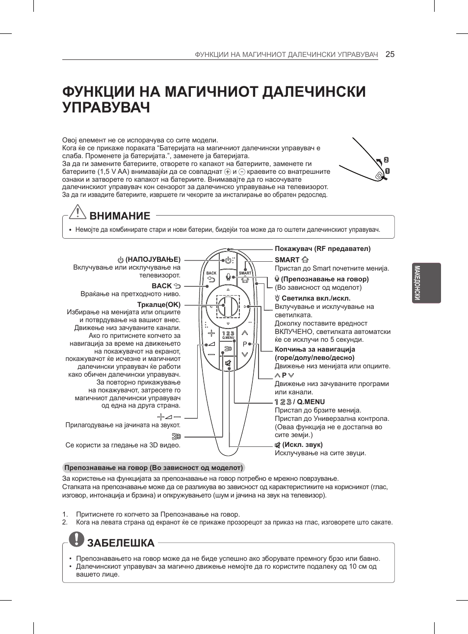 Функции на магичниот далечински управувач, Внимание, Забелешка | LG 55EA980V User Manual | Page 501 / 544