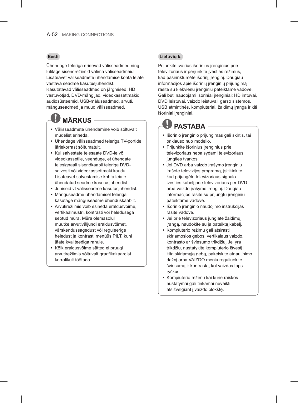Märkus, Pastaba | LG 55EA980V User Manual | Page 52 / 544