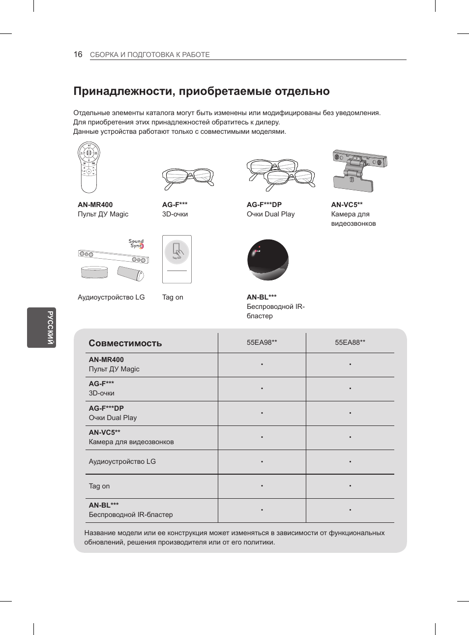 Принадлежности, приобретаемые отдельно, Совместимость | LG 55EA980V User Manual | Page 522 / 544