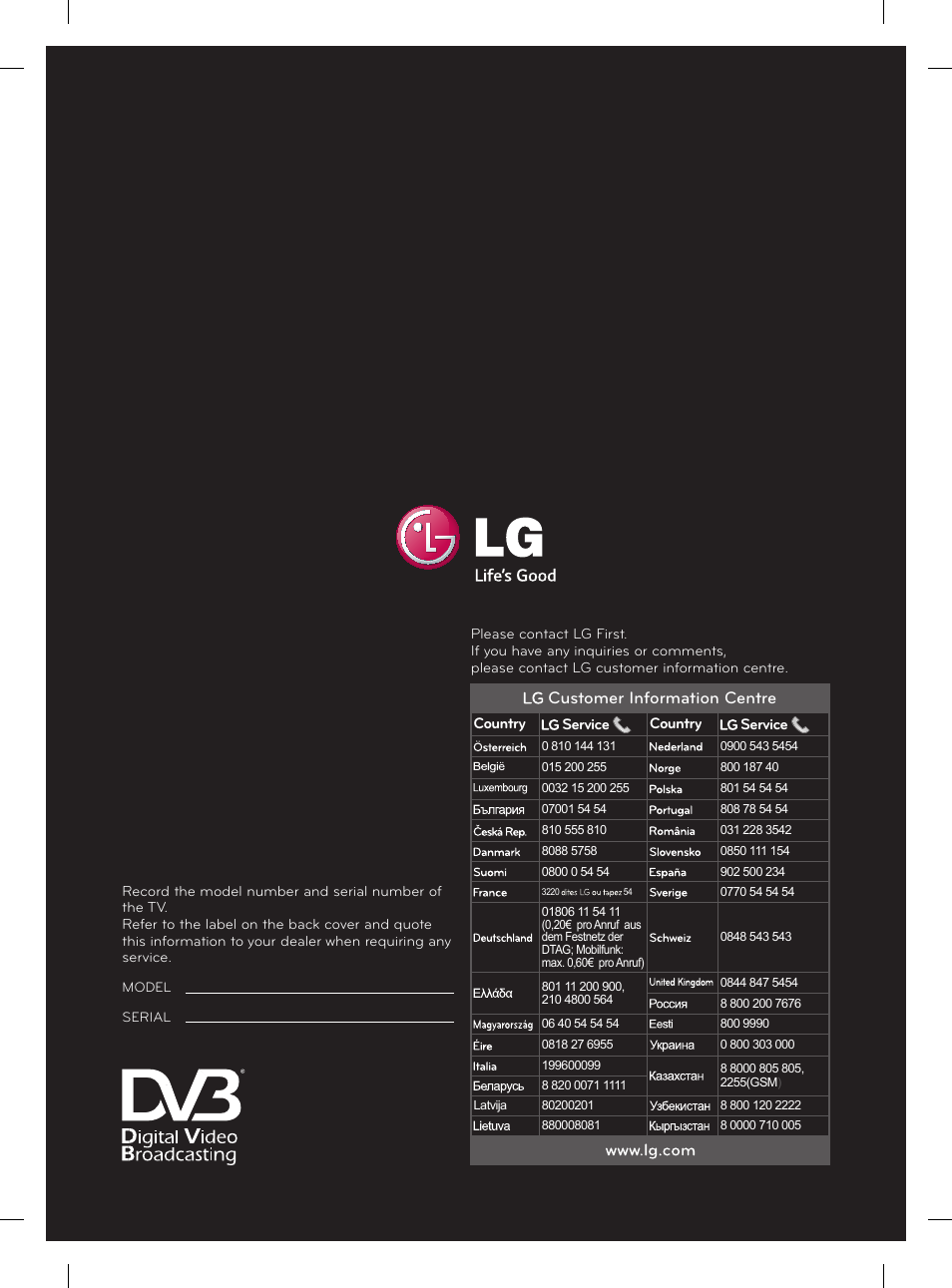 Customer information centre | LG 55EA980V User Manual | Page 544 / 544