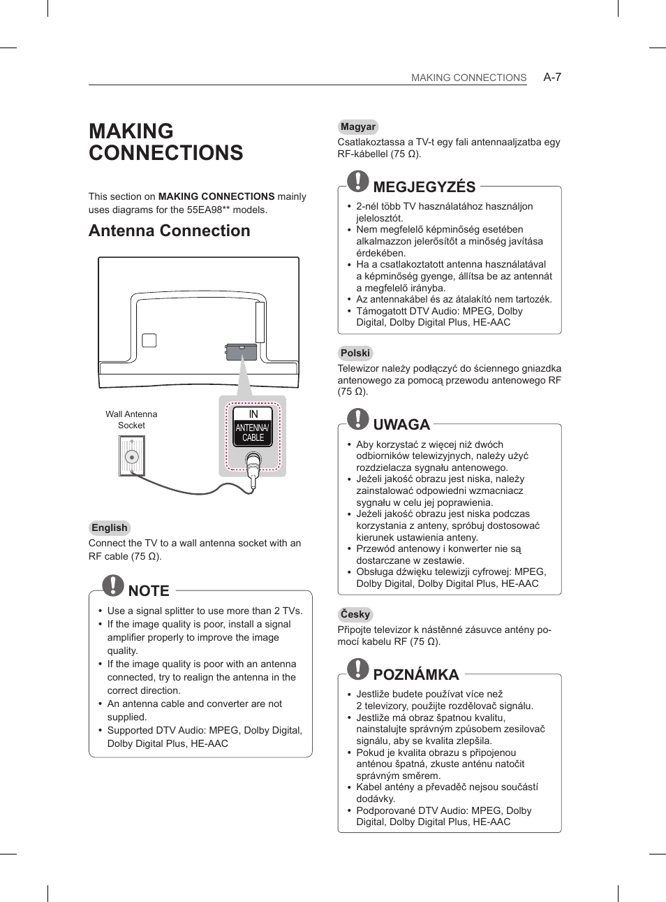 Making connections, Antenna connection, Megjegyzés | Uwaga, Poznámka | LG 55EA980V User Manual | Page 7 / 544