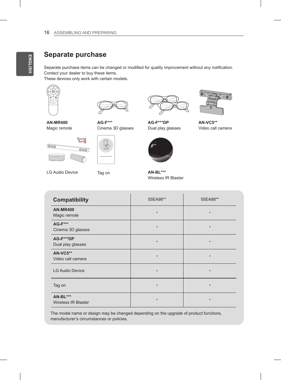 Separate purchase, Compatibility | LG 55EA980V User Manual | Page 72 / 544