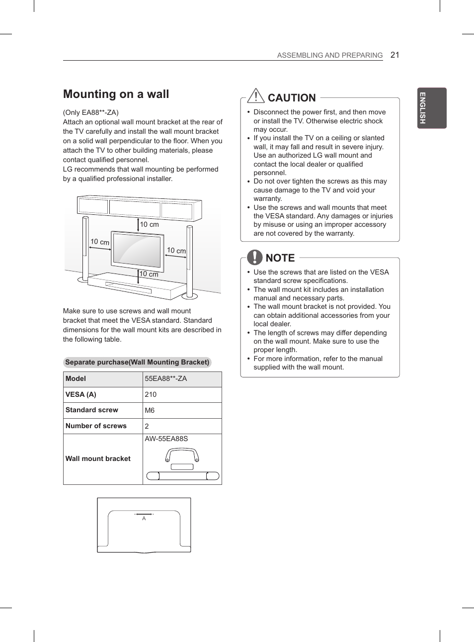 Mounting on a wall, Caution | LG 55EA980V User Manual | Page 77 / 544