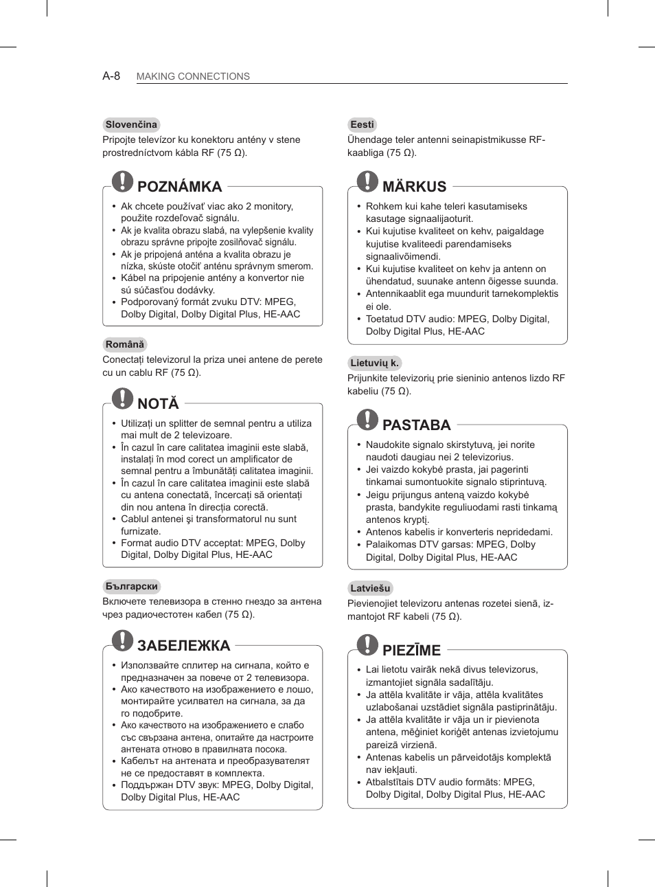 Poznámka, Notă, Забележка | Märkus, Pastaba, Piezīme | LG 55EA980V User Manual | Page 8 / 544