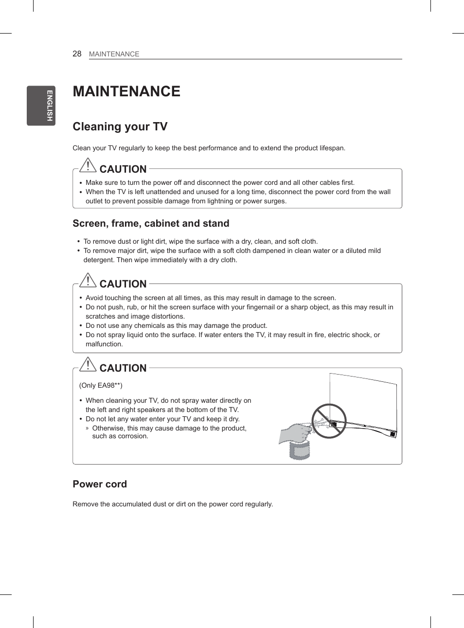 Maintenance, Cleaning your tv, Caution | Screen, frame, cabinet and stand, Power cord | LG 55EA980V User Manual | Page 84 / 544