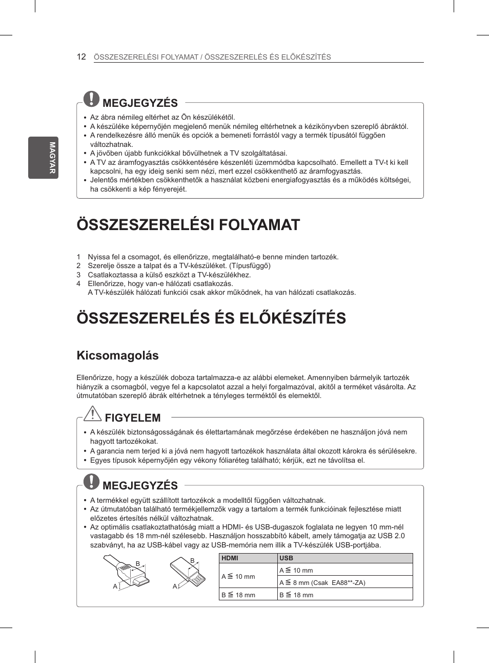 Összeszerelési folyamat, Összeszerelés és előkészítés, Kicsomagolás | Megjegyzés, Figyelem | LG 55EA980V User Manual | Page 98 / 544