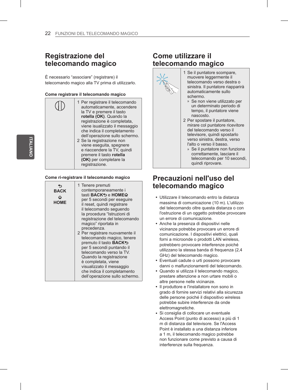 Registrazione del telecomando magico, Come utilizzare il telecomando magico, Precauzioni nell'uso del telecomando magico | LG 60PM670S User Manual | Page 107 / 243