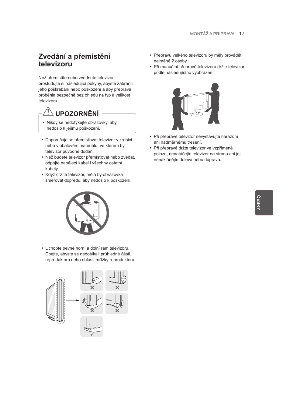 Zvedání a přemístění televizoru, Upozornění | LG 60PM670S User Manual | Page 154 / 243