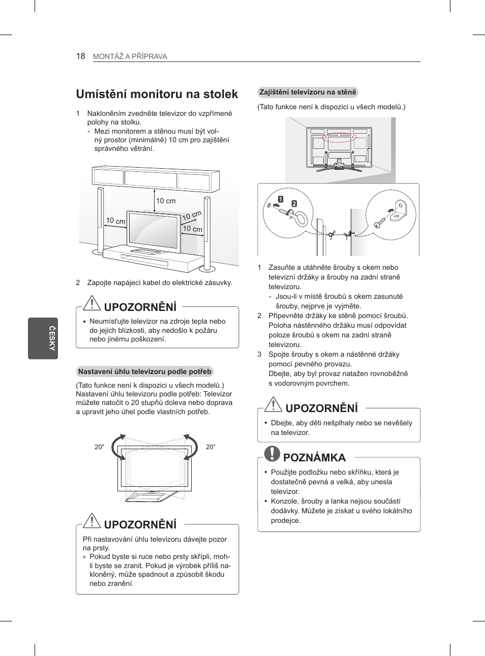 Umístění monitoru na stolek, Upozornění, Poznámka | LG 60PM670S User Manual | Page 155 / 243